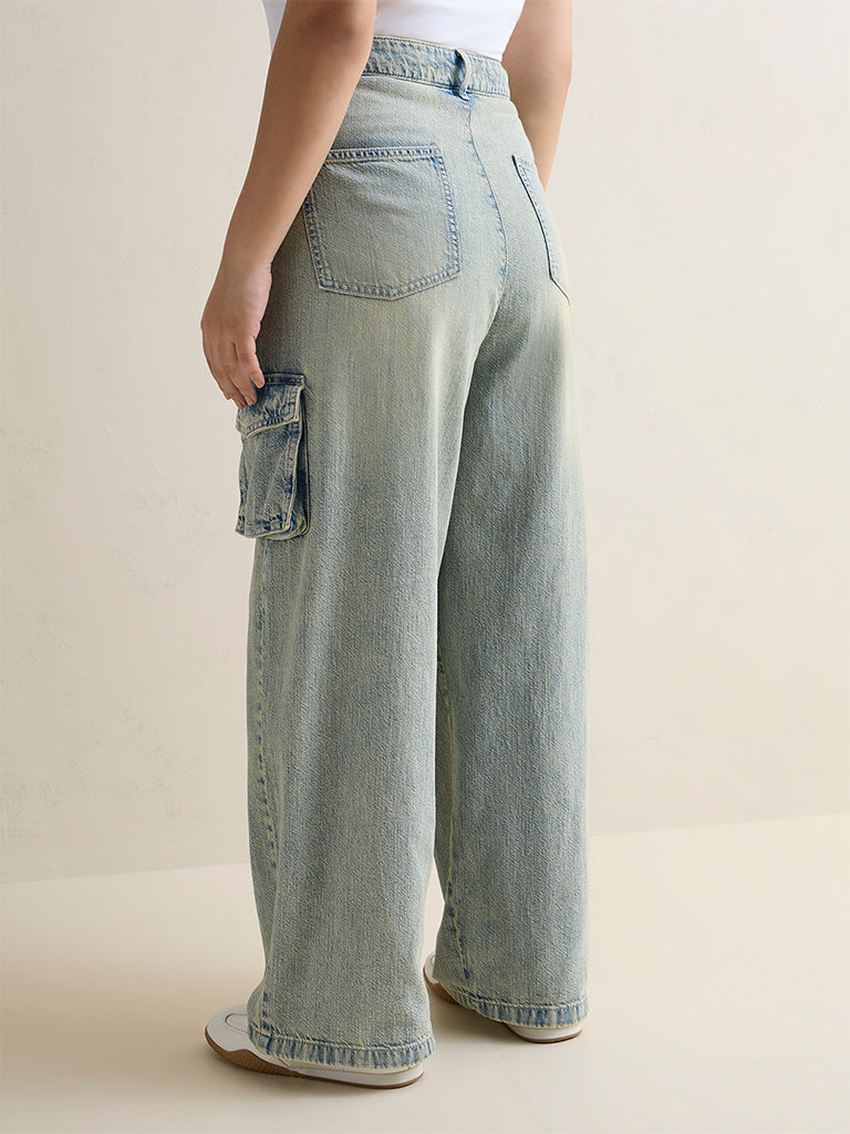 Gia Blue Washed Cargo-Style High-Rise Jeans