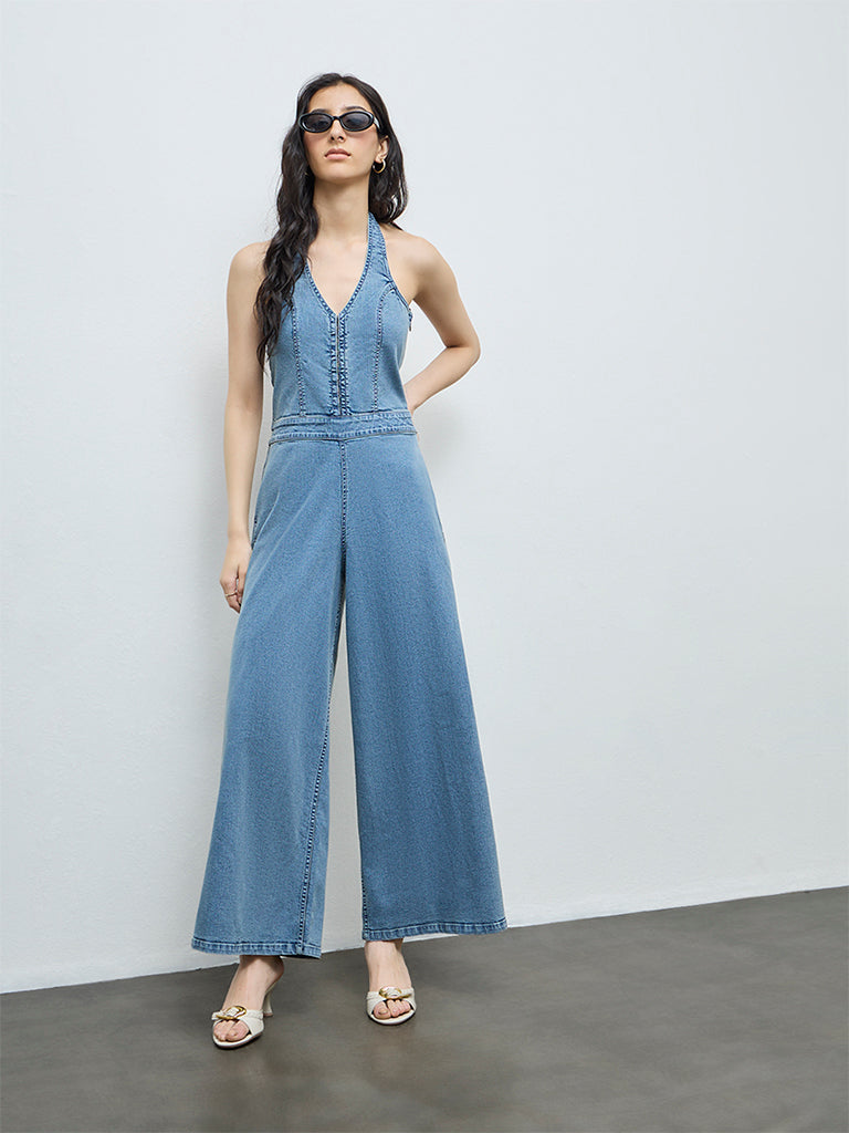 Nuon Blue Halter-Neck Denim Jumpsuit