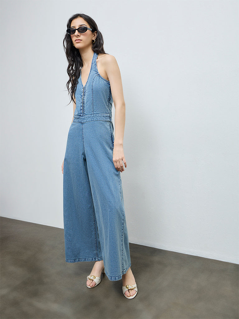 Nuon Blue Halter-Neck Denim Jumpsuit