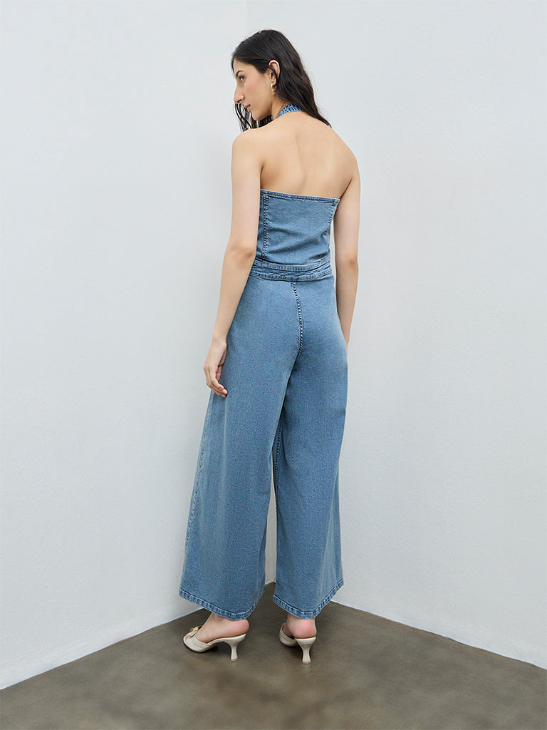 Nuon Blue Halter-Neck Denim Jumpsuit