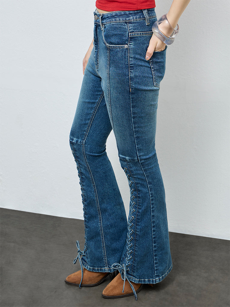 Nuon Dark Blue Criss-Cross High-Rise Jeans