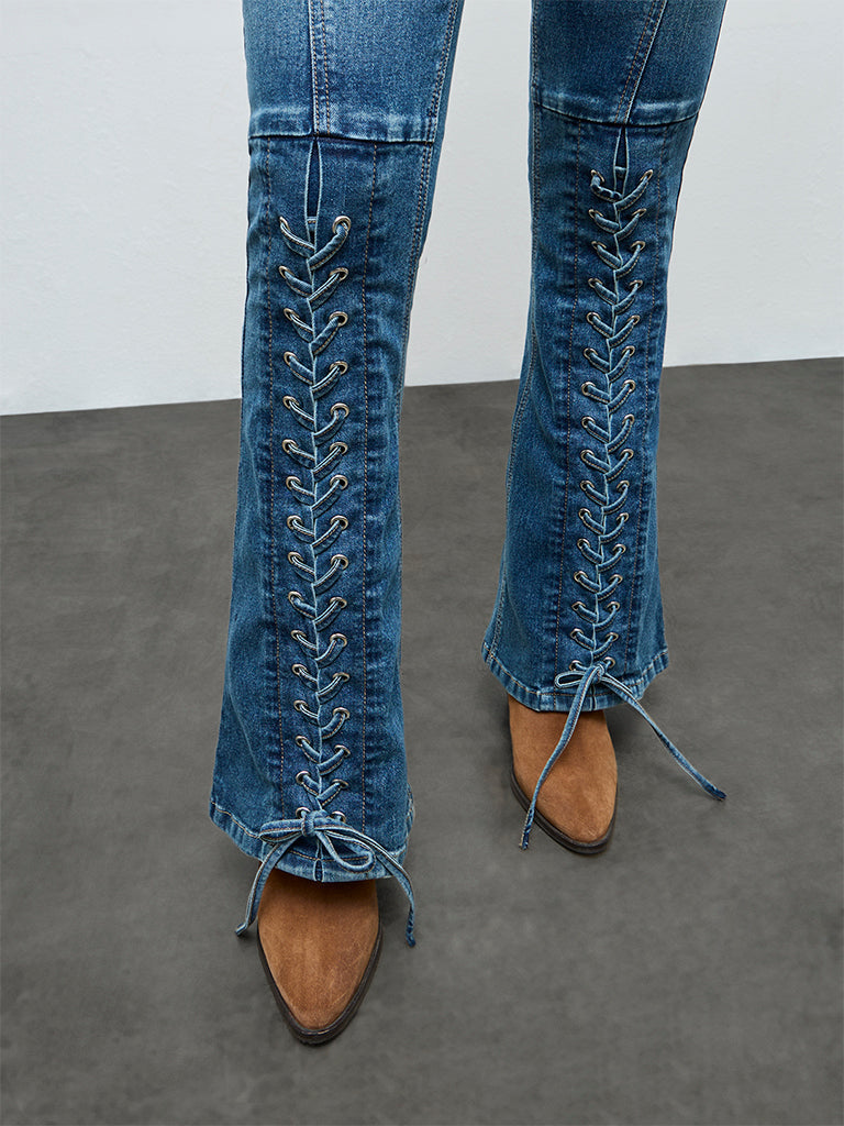 Nuon Dark Blue Criss-Cross High-Rise Jeans