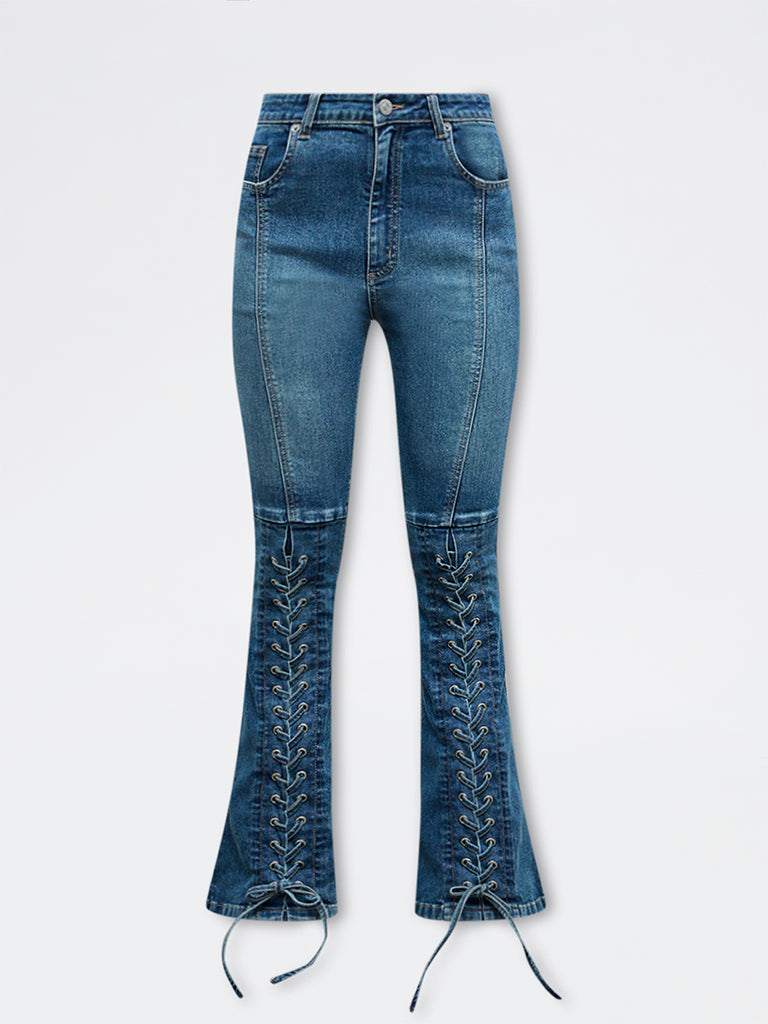 Nuon Dark Blue Criss-Cross High-Rise Jeans