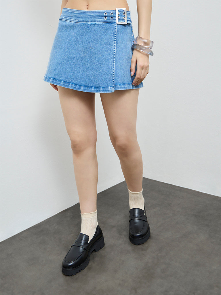 Nuon Blue Buckle-Detail High-Rise Denim Skorts