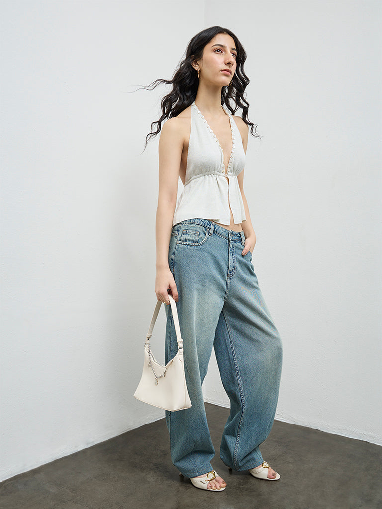 Nuon Off-White Button-Detailed Shimmer Top