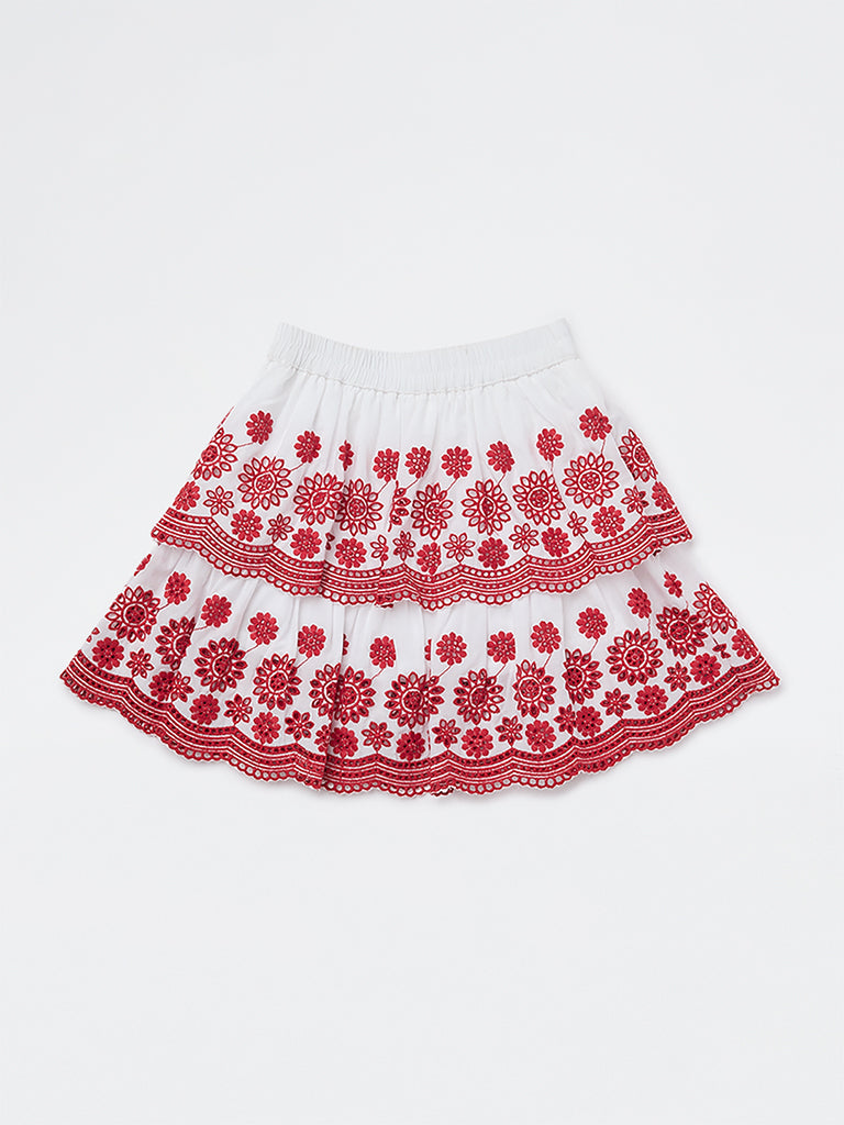 Utsa Kids Girls White Floral Embroidered Cotton Skirt - (2-8 yrs)