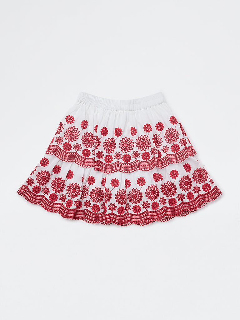 Utsa Kids Girls White Floral Embroidered Cotton Skirt - (2-8 yrs)