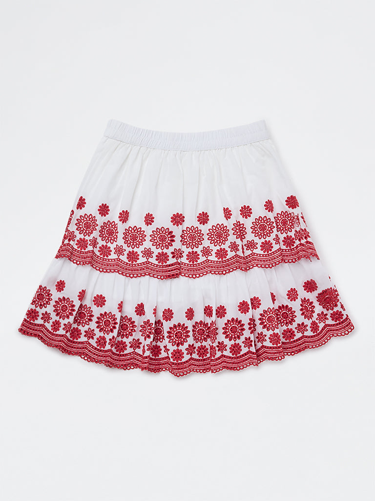 Utsa Kids Girls White Floral Embroidered Cotton Skirt - (8-14 yrs)