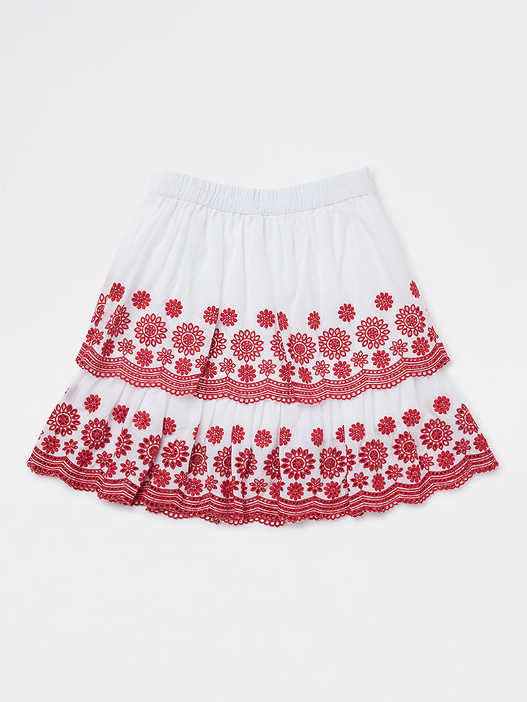 Utsa Kids Girls White Floral Embroidered Cotton Skirt - (8-14 yrs)