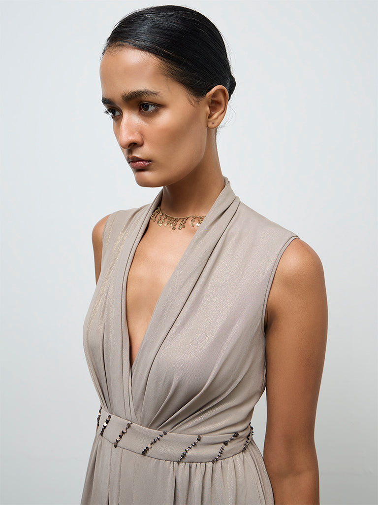 Vark Taupe Embellished Jumpsuit