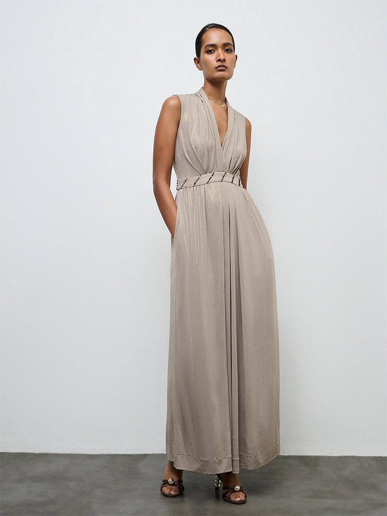 Vark Taupe Embellished Jumpsuit