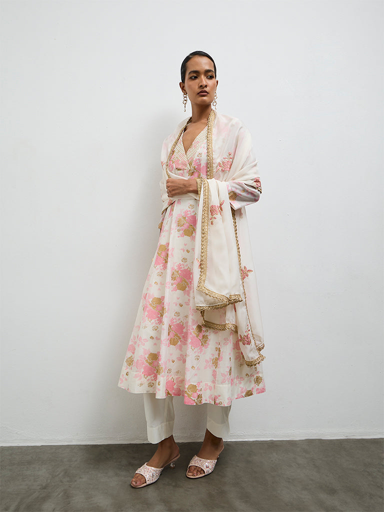 Vark Off-White Floral Printed A-Line Cotton-Blend Ethnic Set