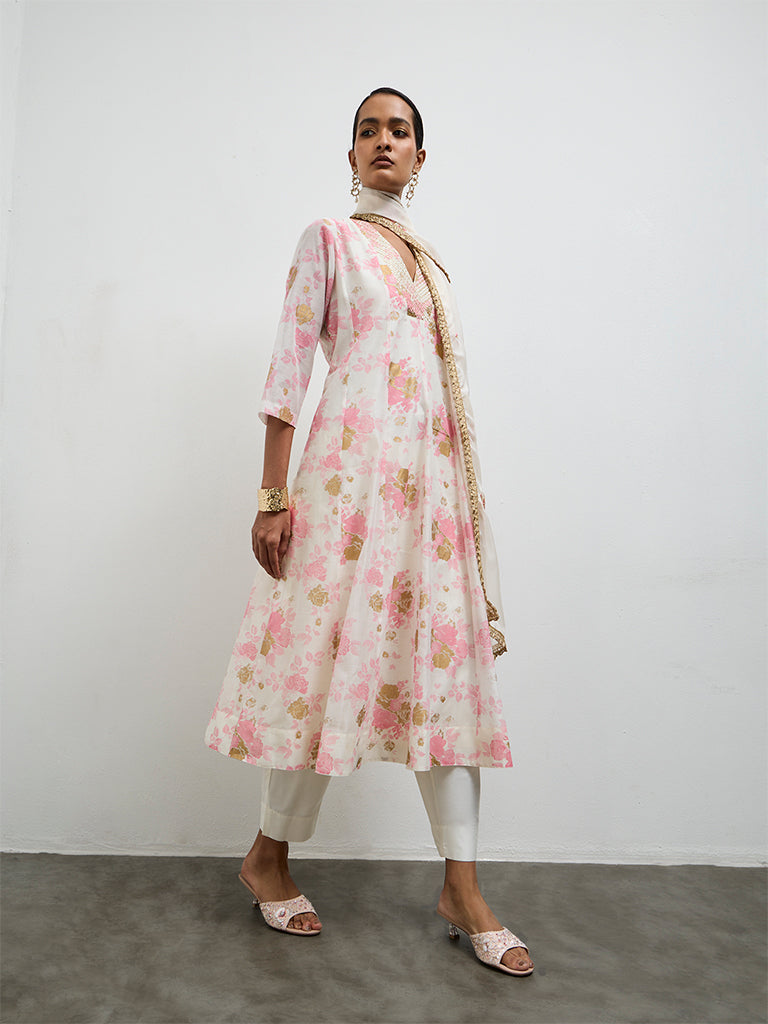 Vark Off-White Floral Printed A-Line Cotton-Blend Ethnic Set