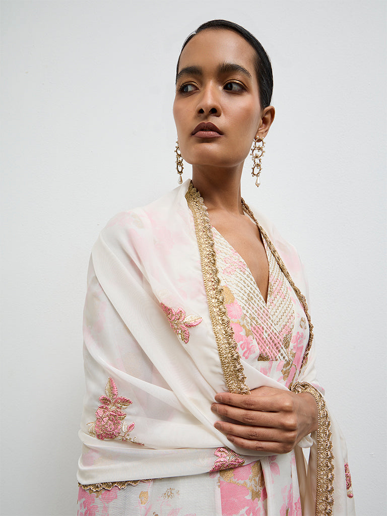 Vark Off-White Floral Printed A-Line Cotton-Blend Ethnic Set