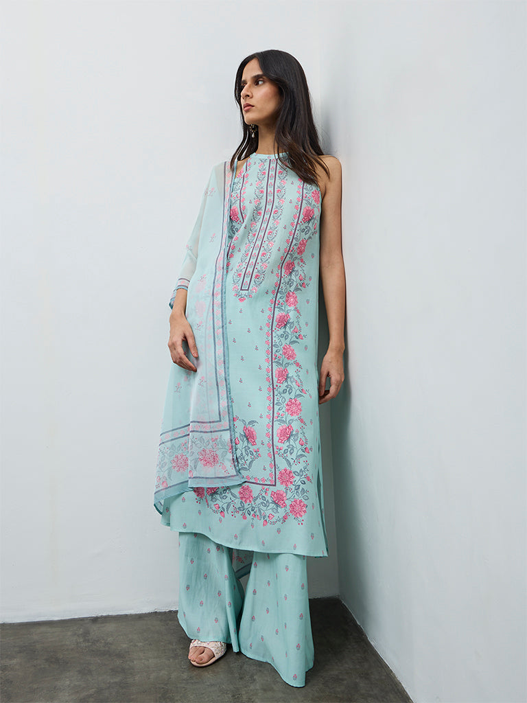 Vark Aqua Floral Design Cotton-Blend A-Line Ethnic Set