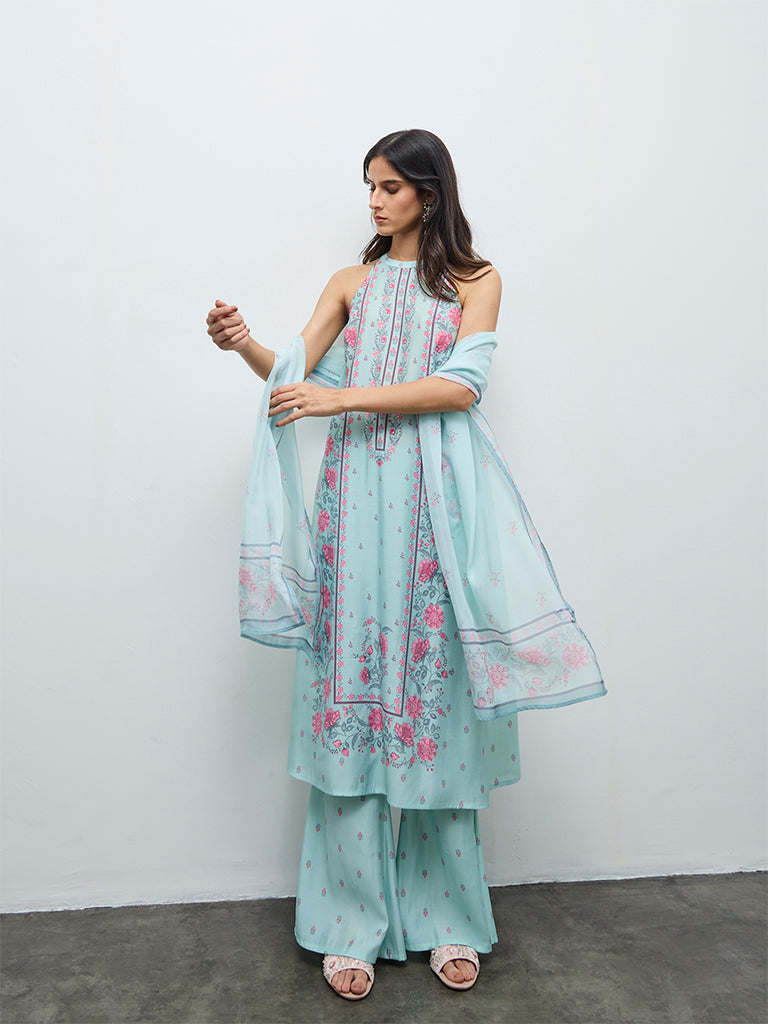 Vark Aqua Floral Design Cotton-Blend A-Line Ethnic Set