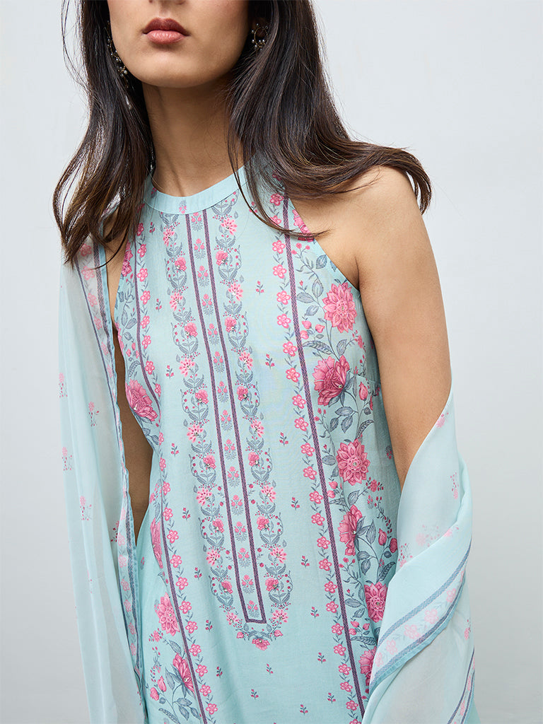 Vark Aqua Floral Design Cotton-Blend A-Line Ethnic Set