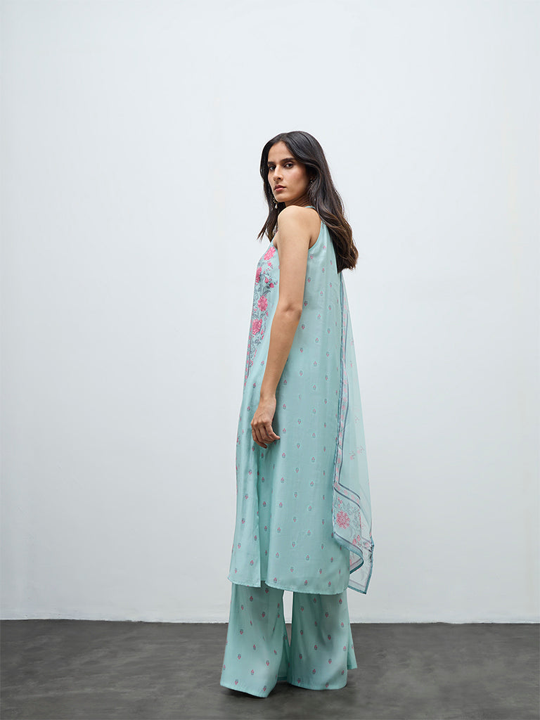 Vark Aqua Floral Design Cotton-Blend A-Line Ethnic Set