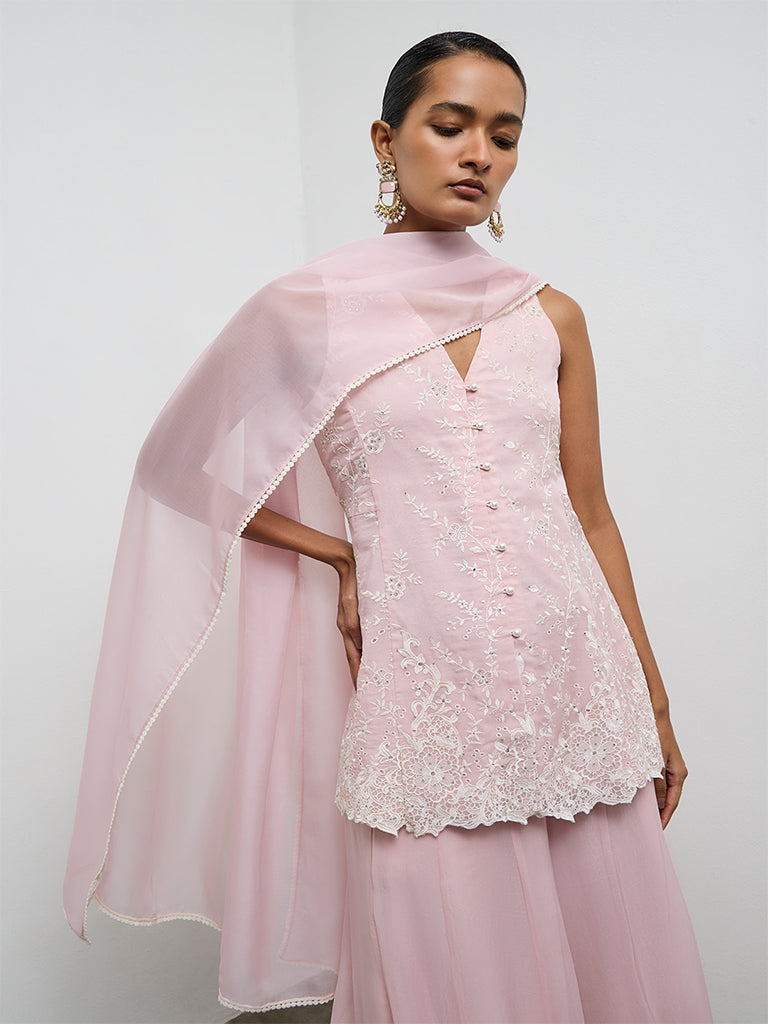 Vark Light Pink Floral Embroidered Ethnic Set