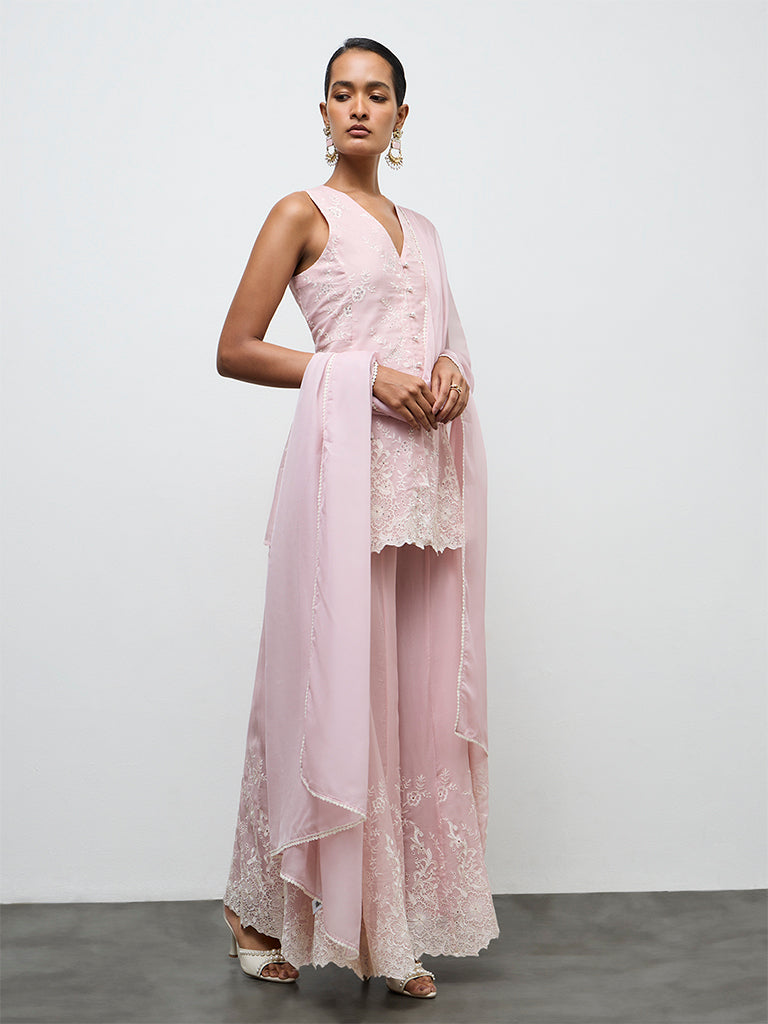 Vark Light Pink Floral Embroidered Ethnic Set