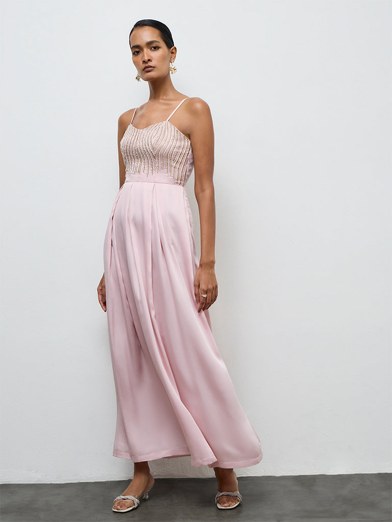 Vark Light Pink Embellished Empire A-Line Dress