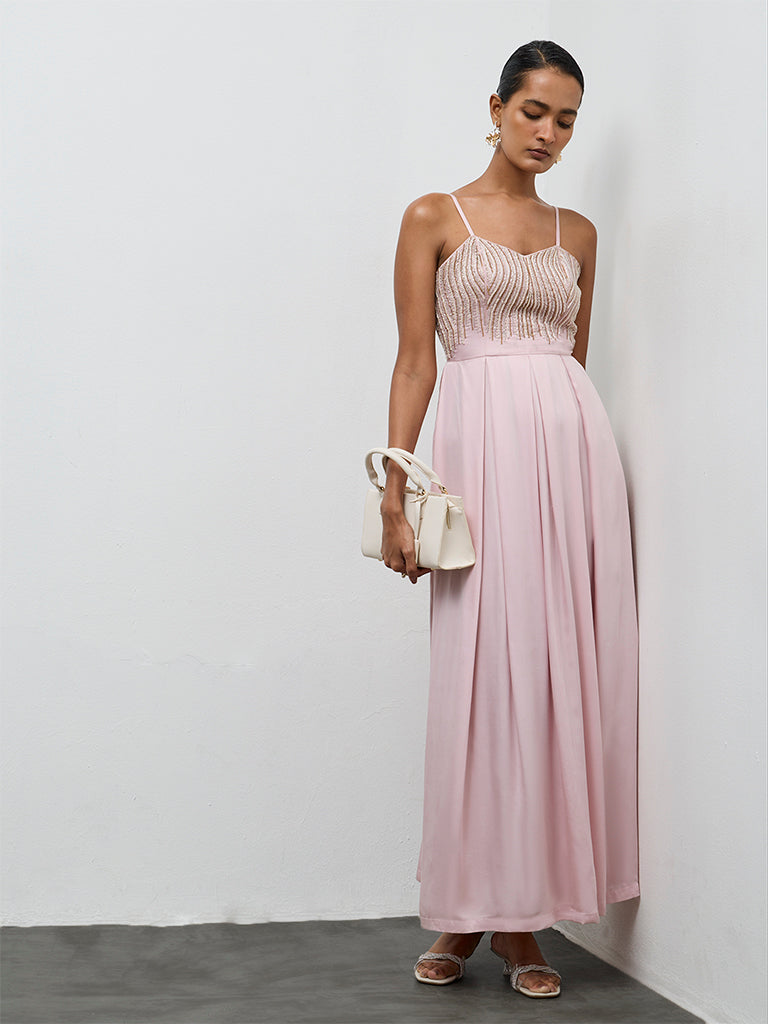 Vark Light Pink Embellished Empire A-Line Dress