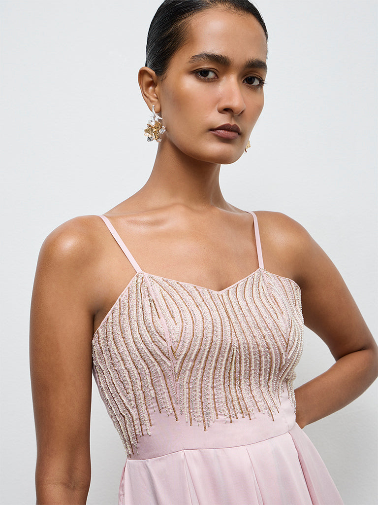Vark Light Pink Embellished Empire A-Line Dress