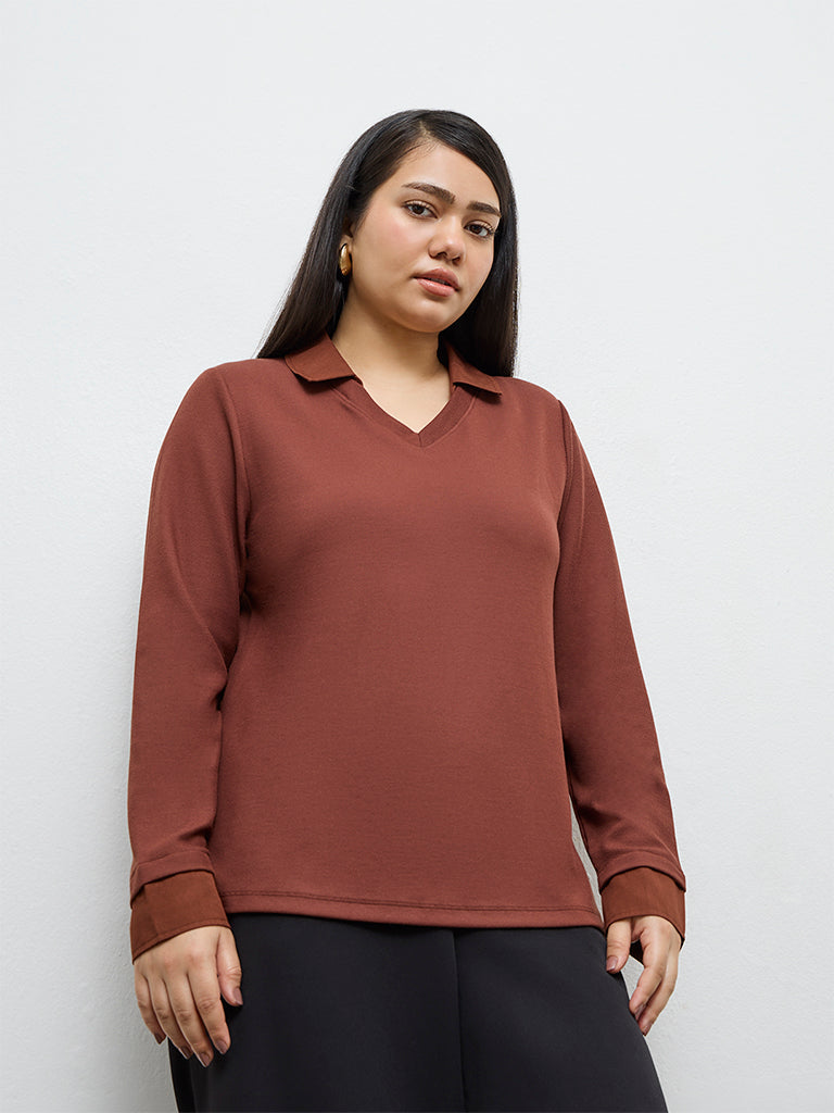 Gia Brown Ribbed-Textured T-Shirt