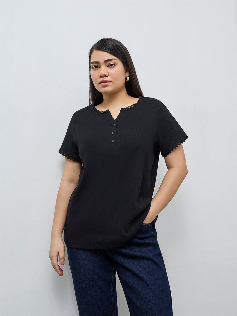 Gia Black Ribbed-Textured Cotton-Blend T-Shirt
