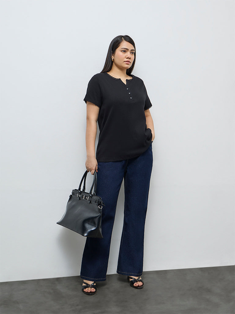 Gia Black Ribbed-Textured Cotton-Blend T-Shirt