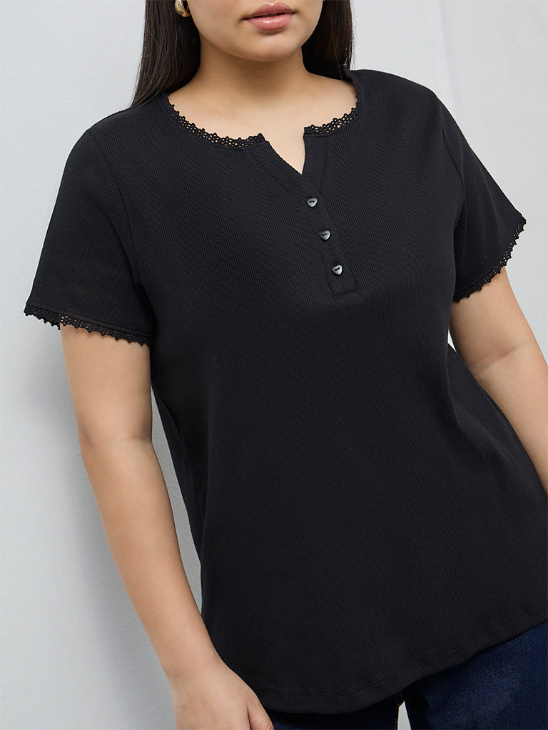 Gia Black Ribbed-Textured Cotton-Blend T-Shirt