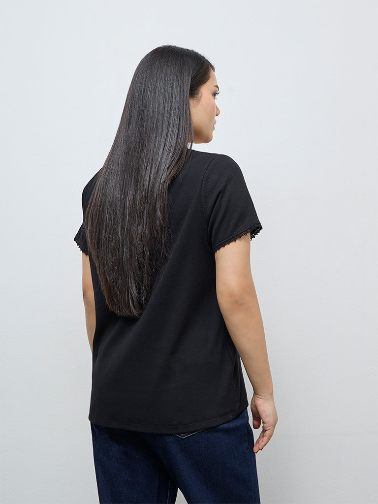 Gia Black Ribbed-Textured Cotton-Blend T-Shirt