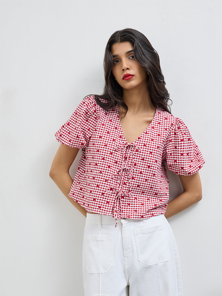 LOV Red Gingham Checkered Cotton Blouse