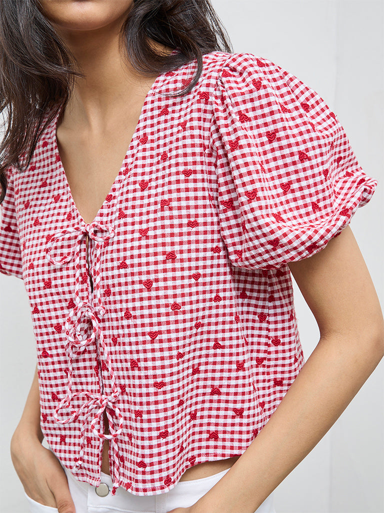 LOV Red Gingham Checkered Cotton Blouse