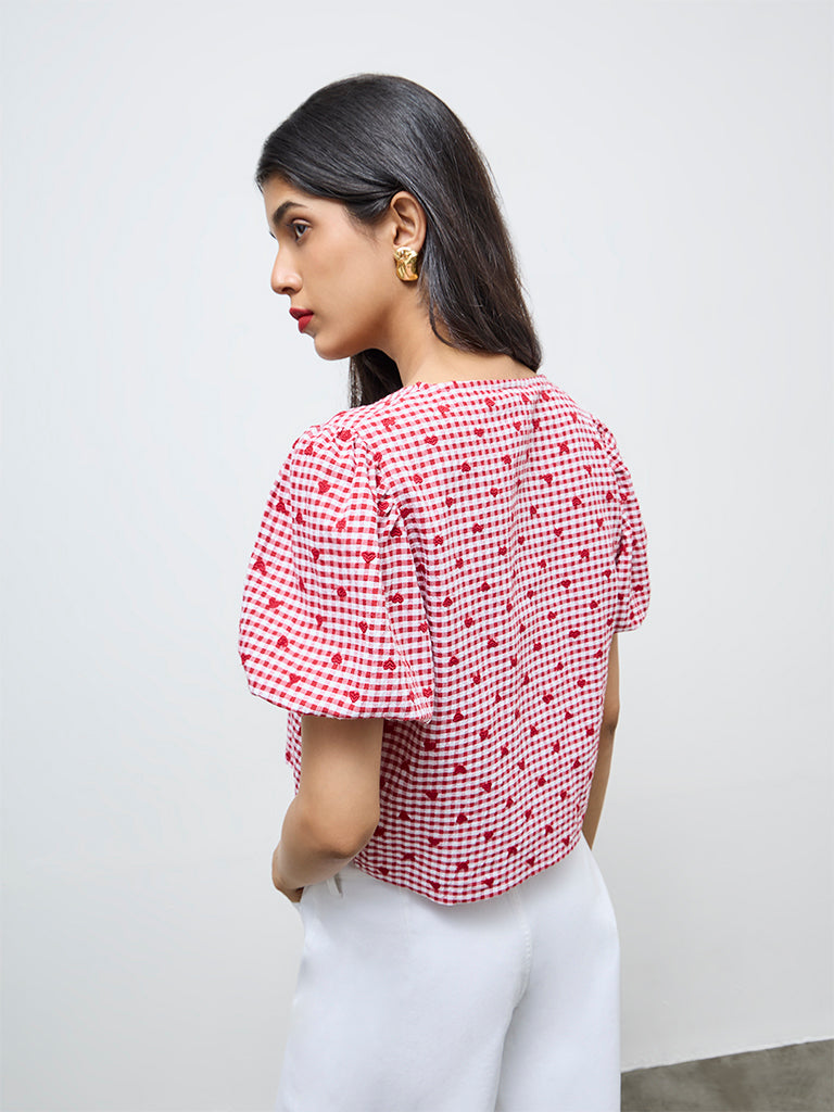 LOV Red Gingham Checkered Cotton Blouse