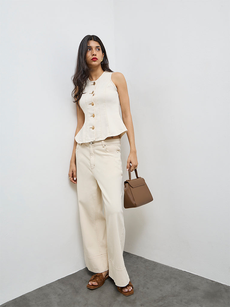 LOV Off-White Solid Denim Top