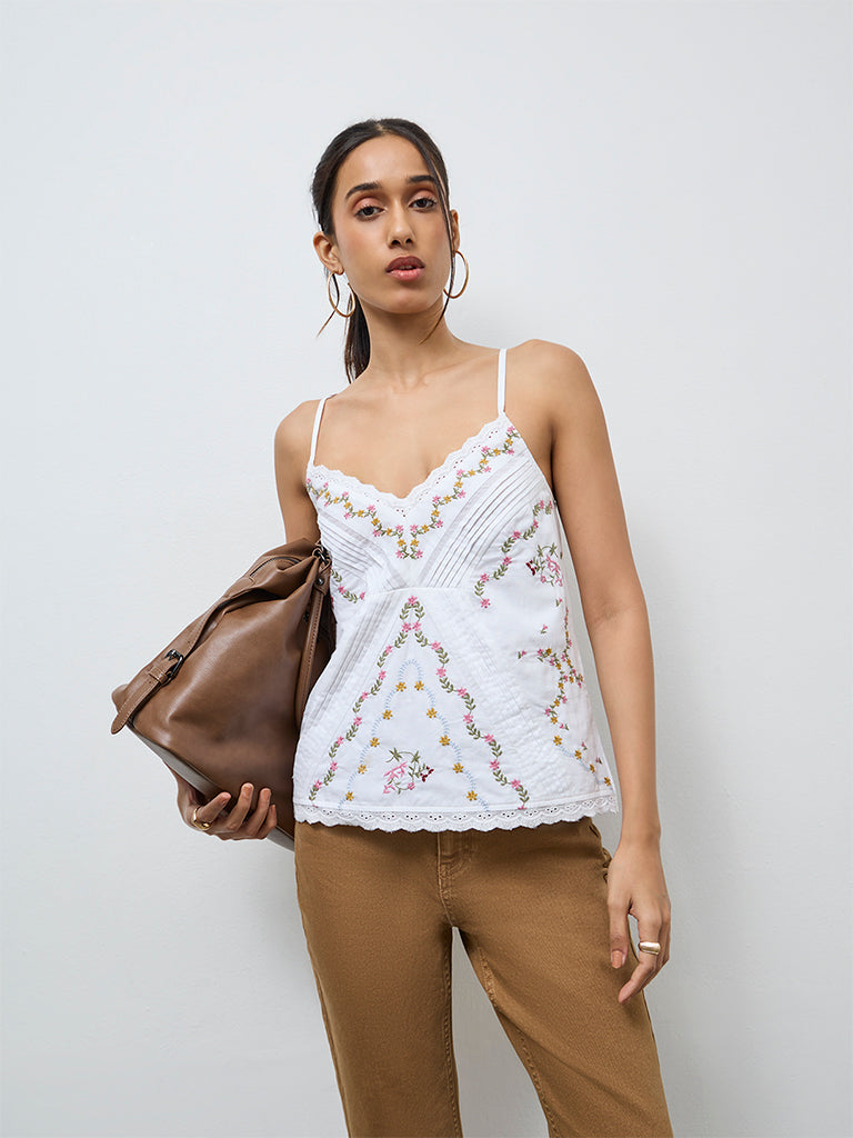 LOV White Floral Embroidered Cotton Top