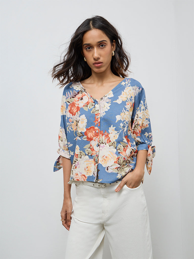 LOV Dusty Blue Floral Printed Blouse