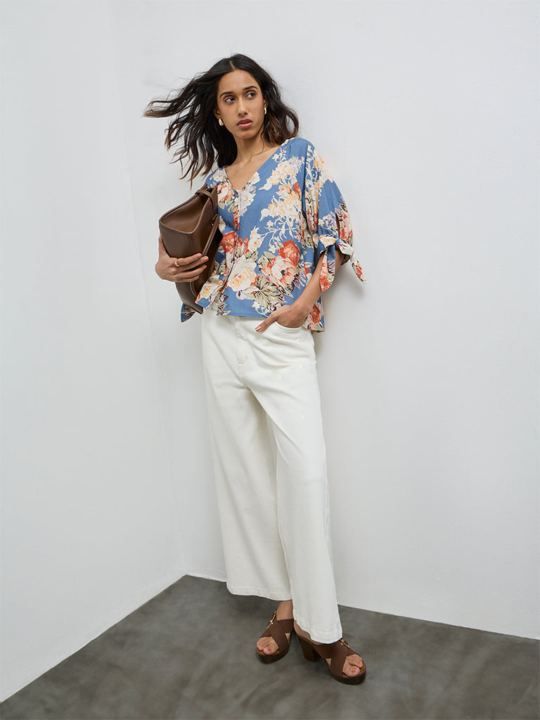 LOV Dusty Blue Floral Printed Blouse