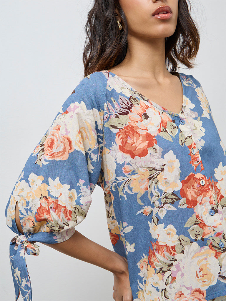 LOV Dusty Blue Floral Printed Blouse