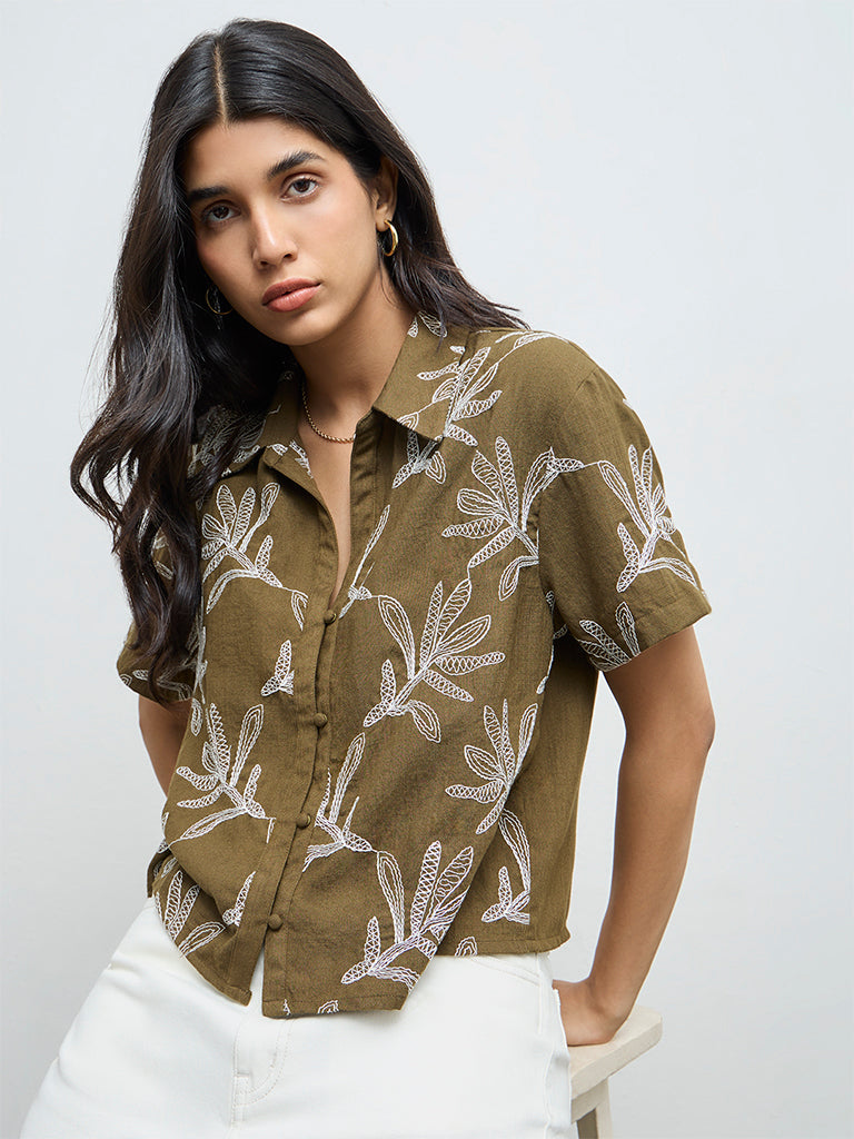 LOV Olive Foliage Embroidered Blouse