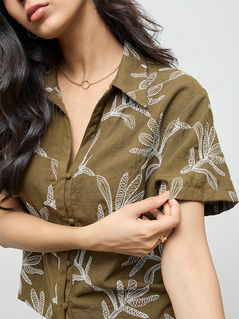 LOV Olive Foliage Embroidered Blouse
