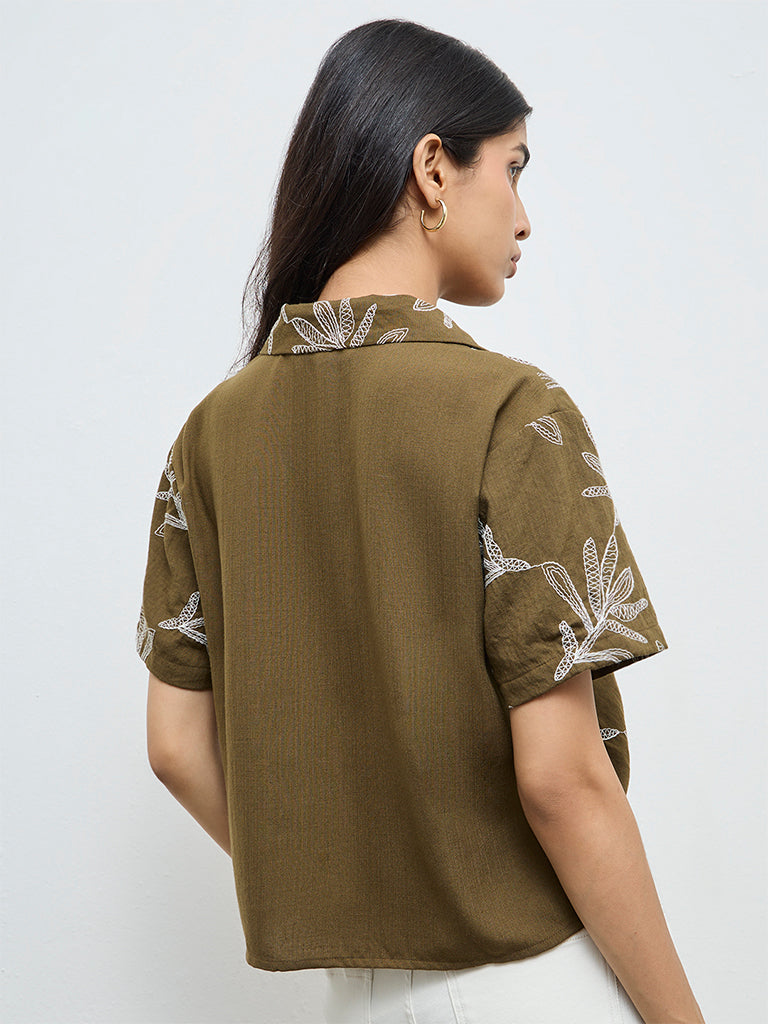LOV Olive Foliage Embroidered Blouse