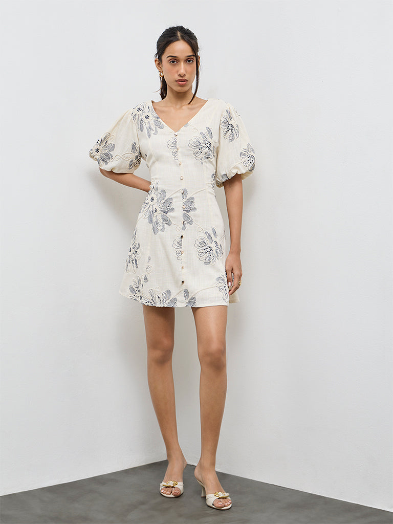 LOV Off-White Floral Embroidered A-Line Dress