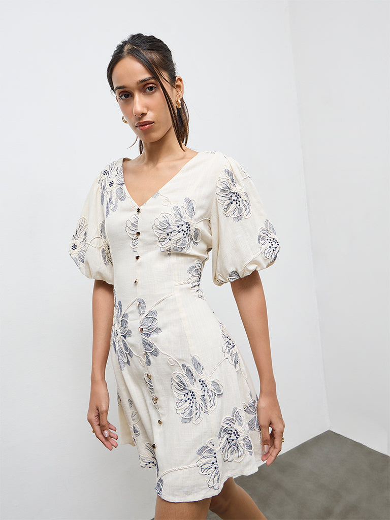 LOV Off-White Floral Embroidered A-Line Dress