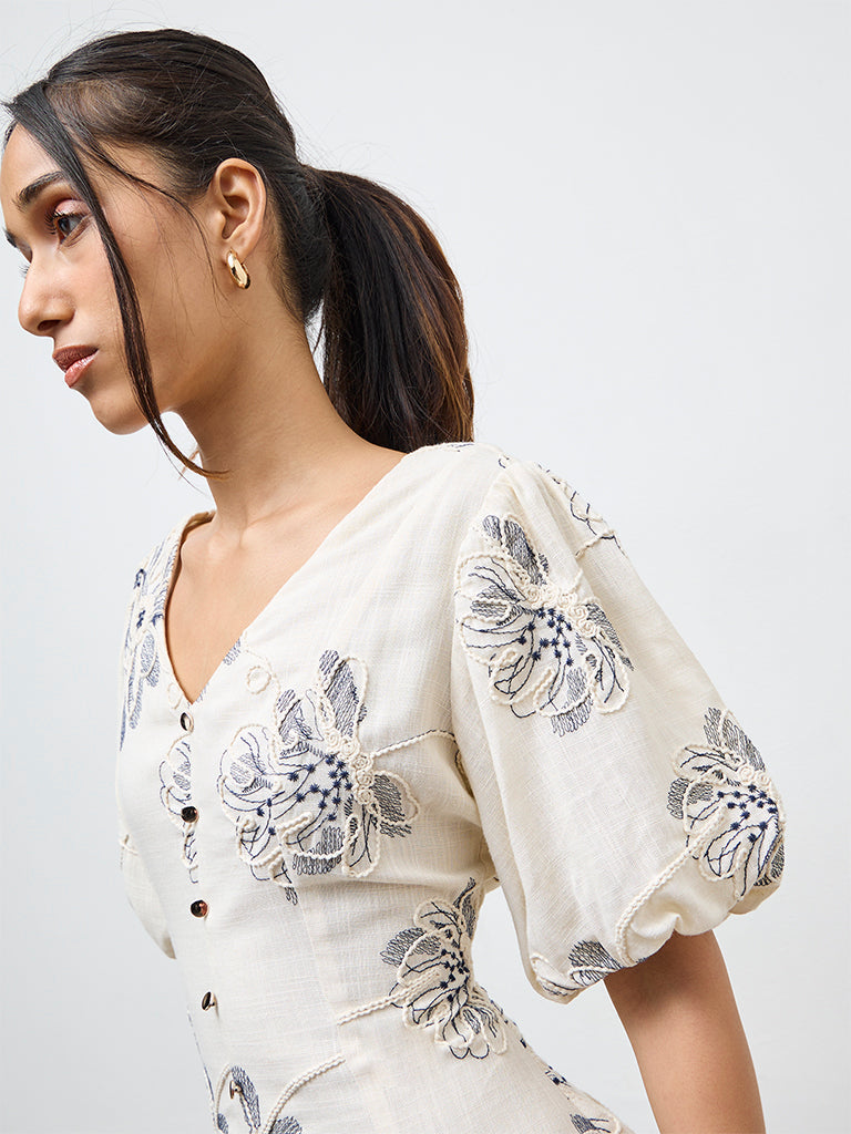 LOV Off-White Floral Embroidered A-Line Dress