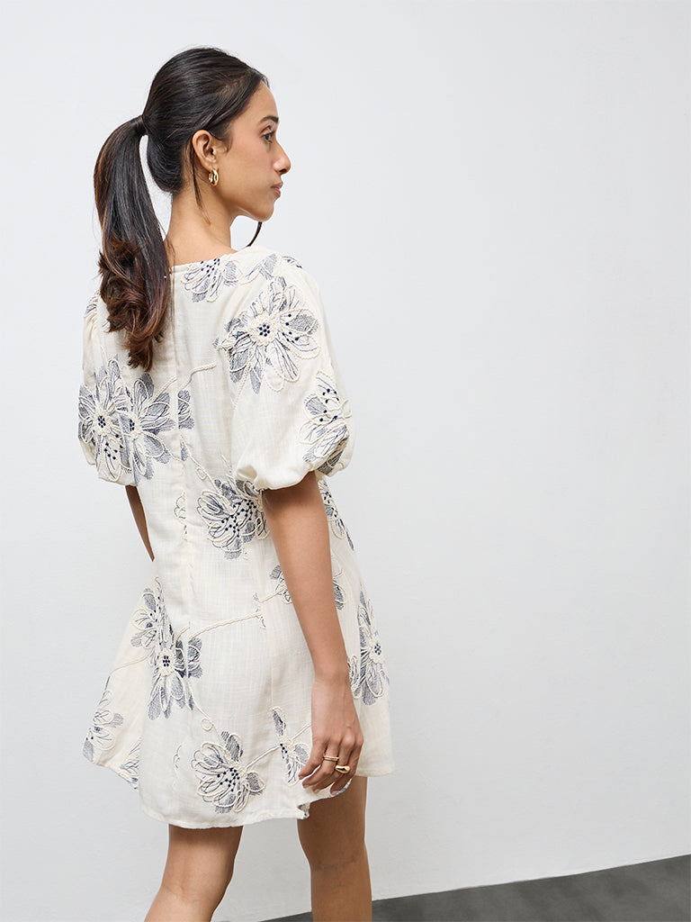 LOV Off-White Floral Embroidered A-Line Dress