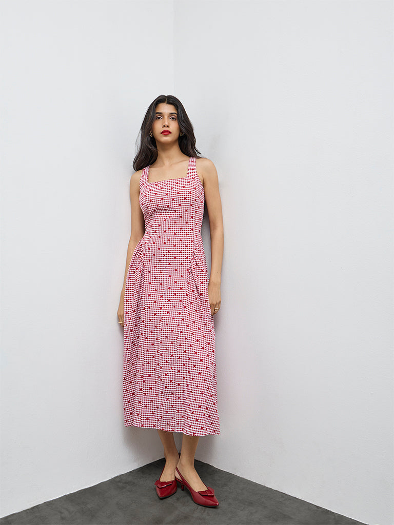 LOV Red Gingham Checkered Cotton A-Line Dress