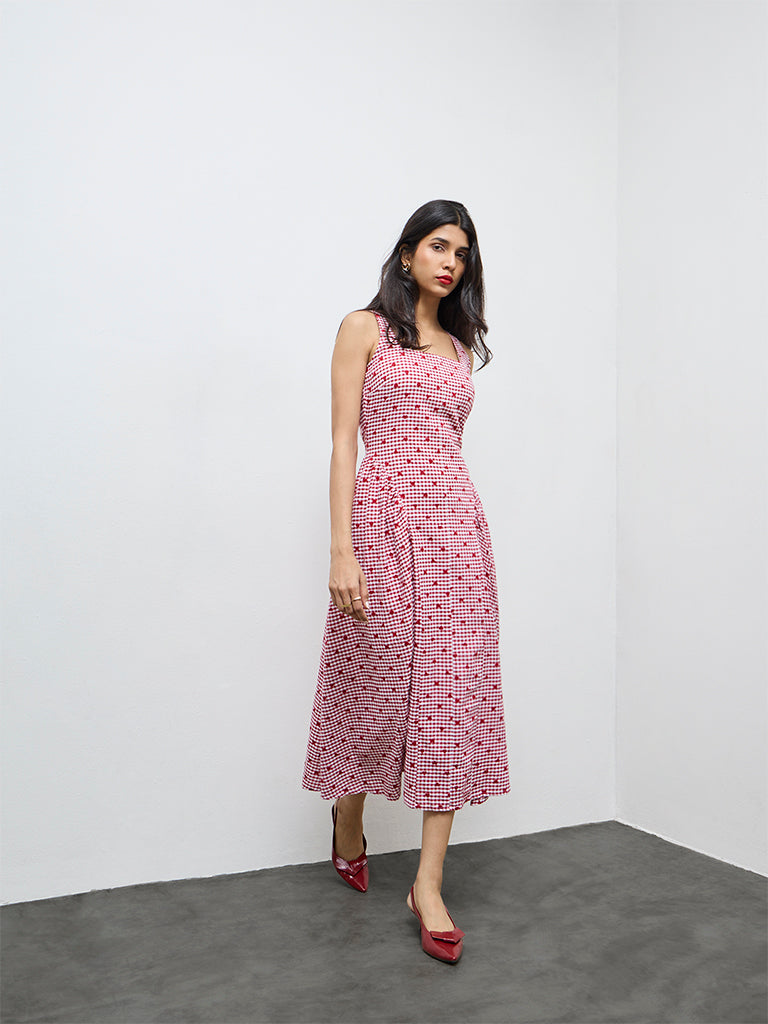 LOV Red Gingham Checkered Cotton A-Line Dress