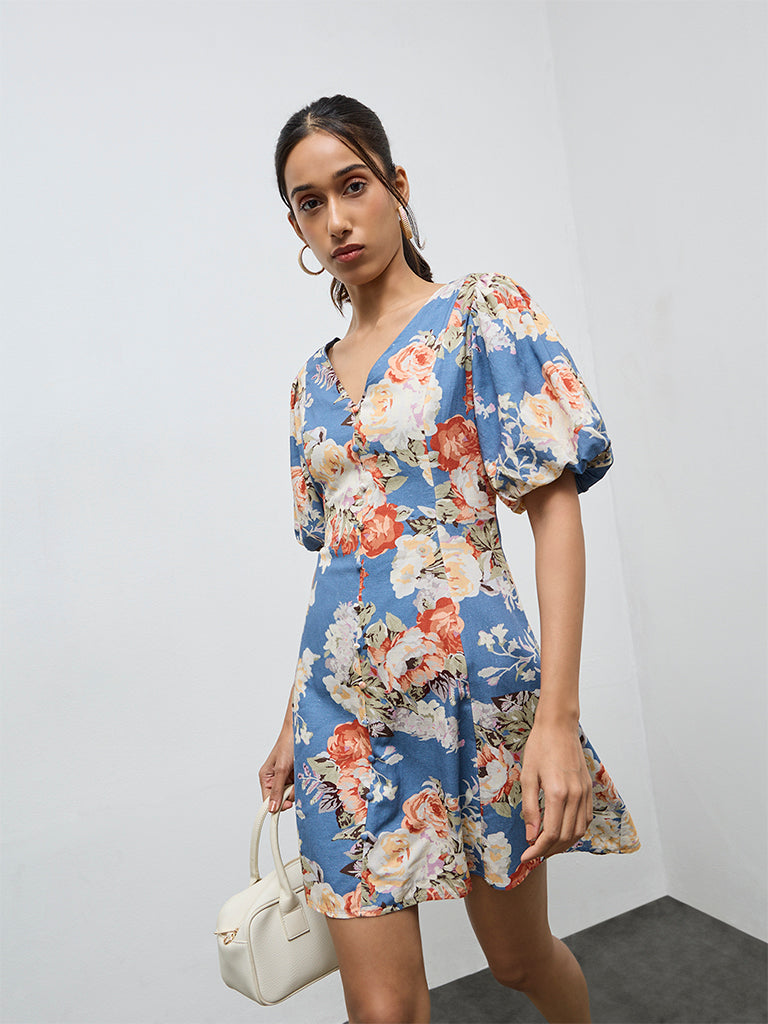 LOV Dusty Blue Floral Pattern A-Line Dress